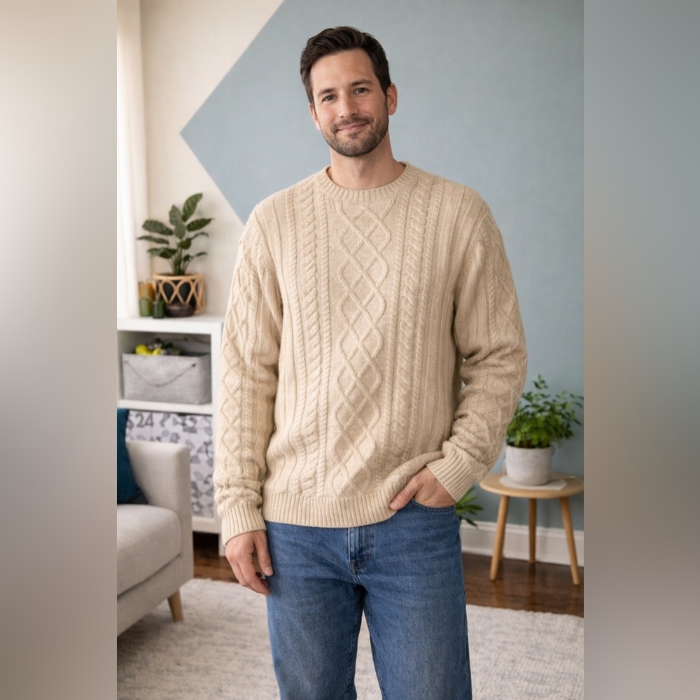 Tasso Elba Men Beige Cable Knit Sweater 100% Cotton Vintage-Inspired Pullover L